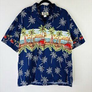 KY'S Hawaiian Shirt Mens XL Blue Short Sleeve Cars Palm Trees USA Button Up
